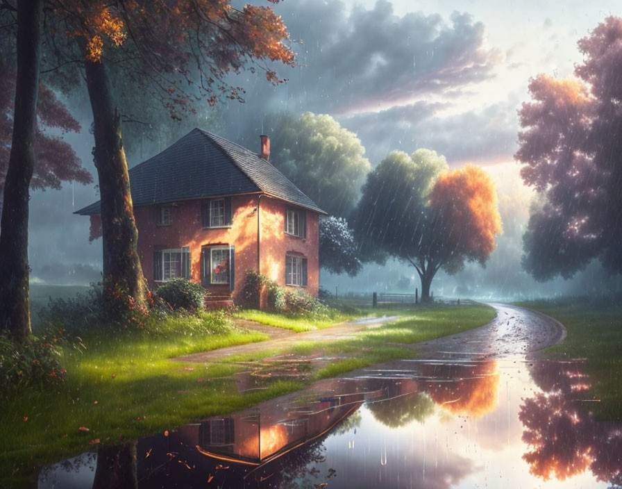 Tranquil Two-Story House in Light Rain at Sunset