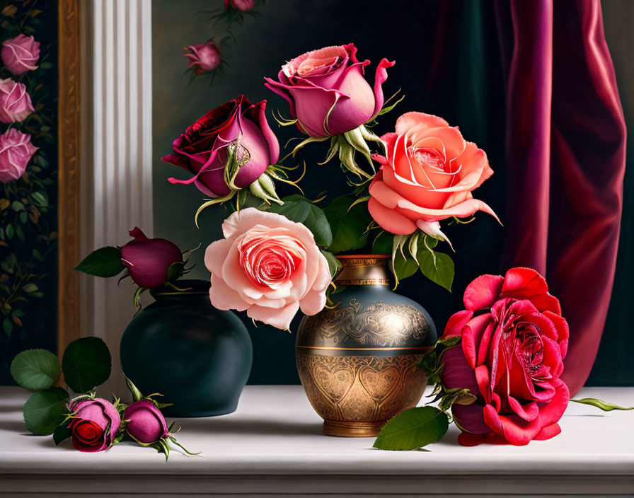 Vibrant pink roses in bronze vase on dark background