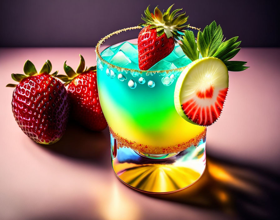 Vibrant blue-green gradient cocktail with strawberry garnish on reflective surface