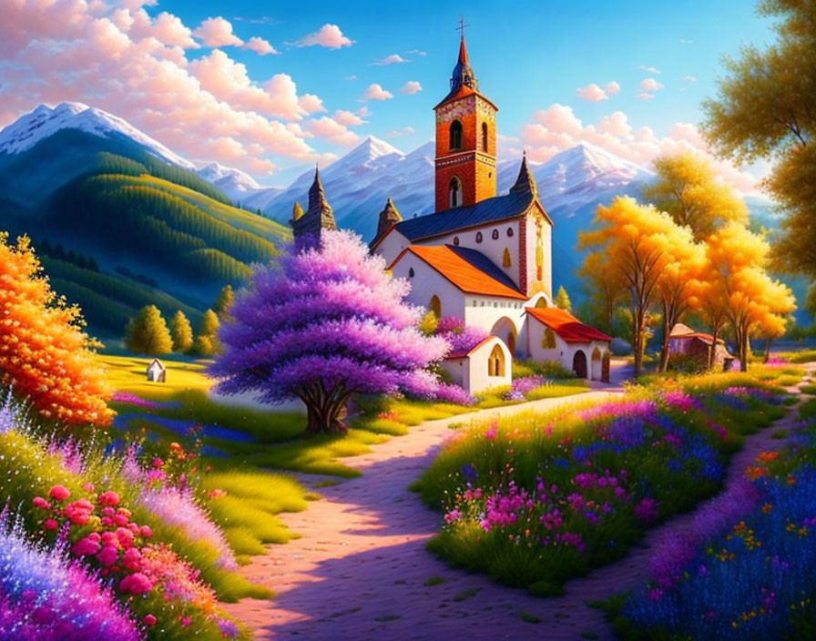 Colorful Landscape Painting: Scenic Church with Bell Tower amid Blooming Trees