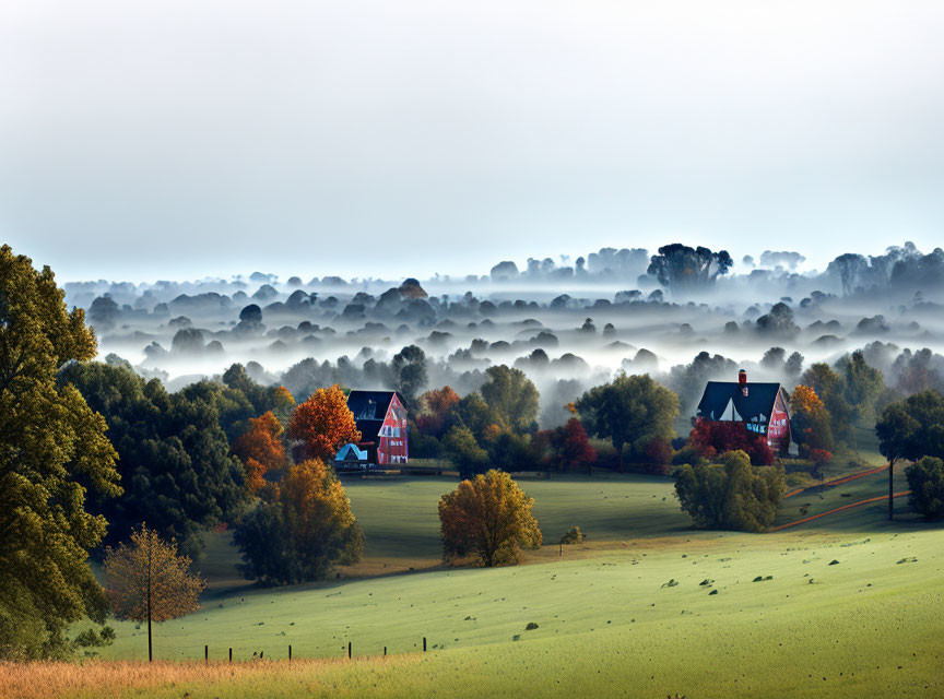 Sunrise landscape with mist layers, green field, and red-roofed houses.