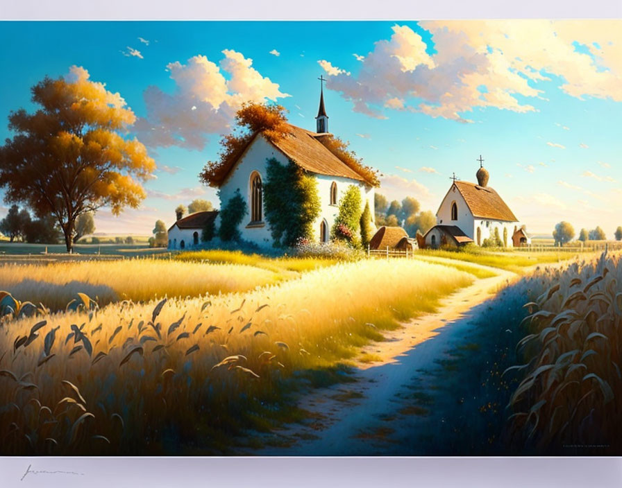 Quaint church with steeple in lush landscape