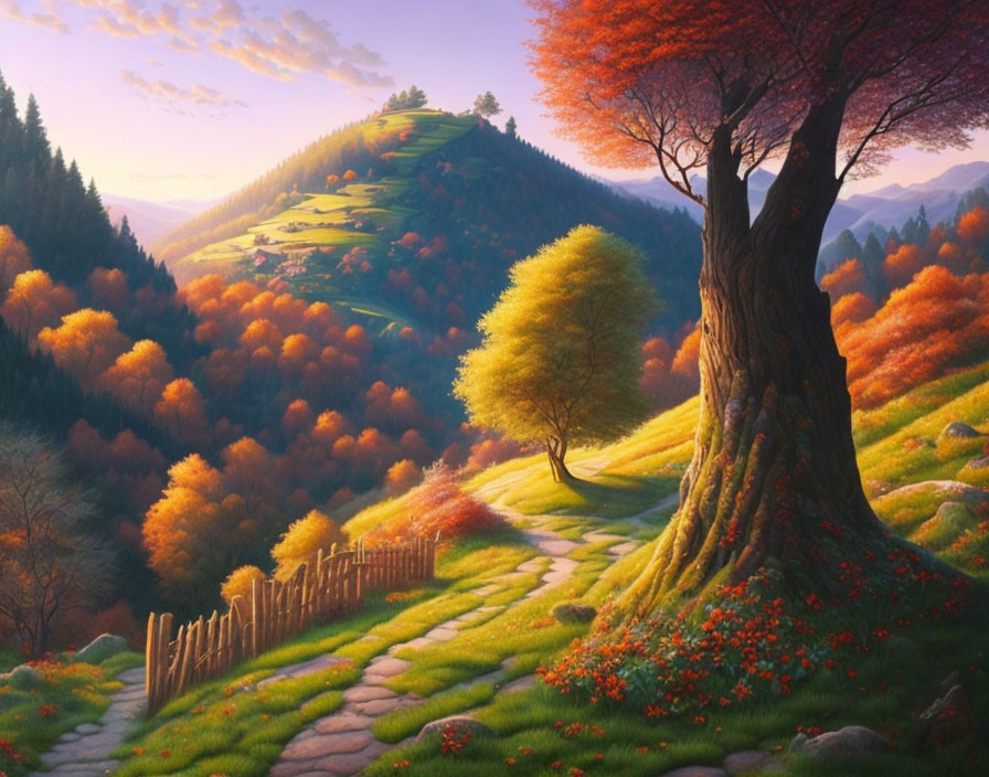 Vibrant autumn landscape with winding path and hillside village