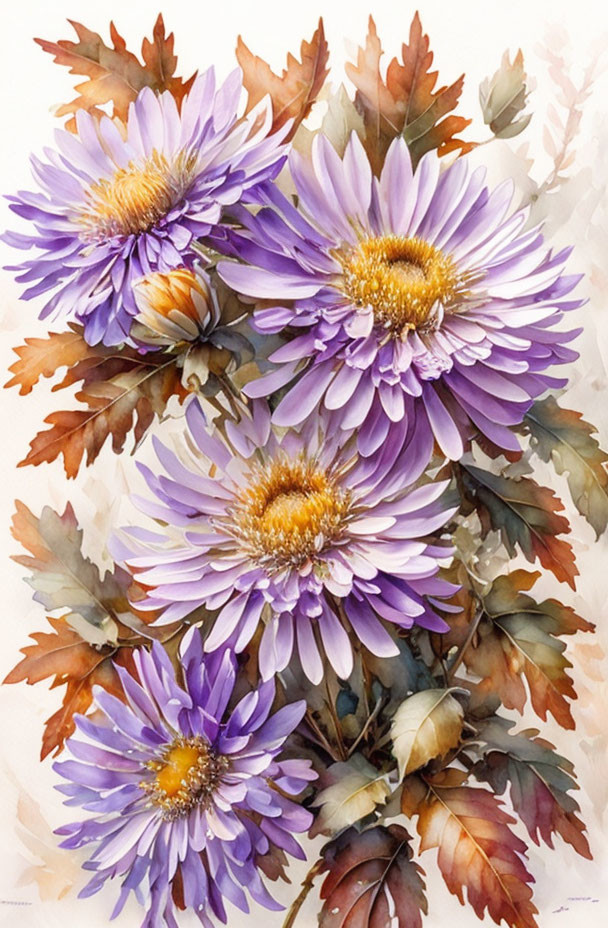 Vibrant watercolor painting of purple and white flowers with golden centers and autumn leaves.