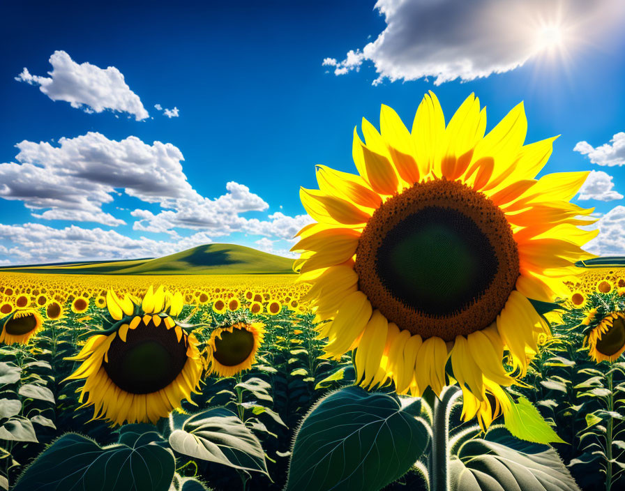 Sunflower field under sunny sky with prominent flower