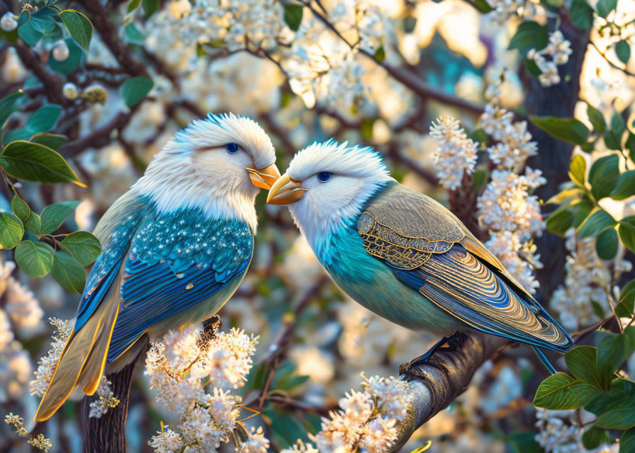 Stylized birds with intricate feather patterns on branch with white blossoms