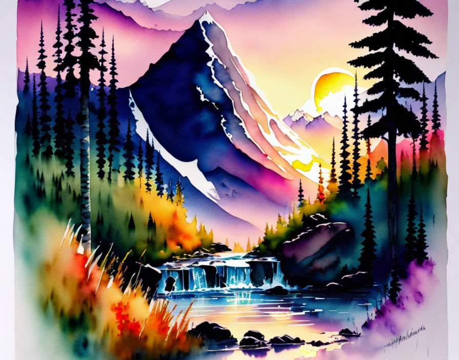 Mountainous Landscape Watercolor Painting with Waterfall & Sunset Sky