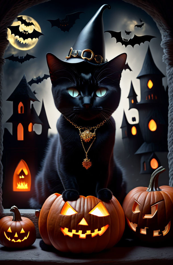 Black Cat in Witch Hat with Pumpkins, Bats, and Full Moon