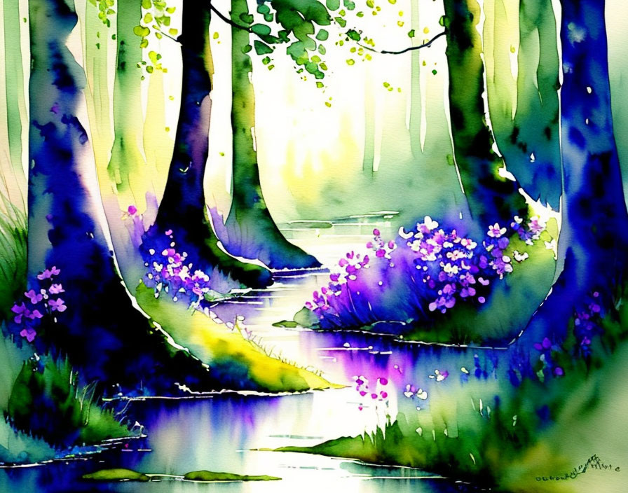 Colorful Watercolor Painting of Whimsical Forest & Stream