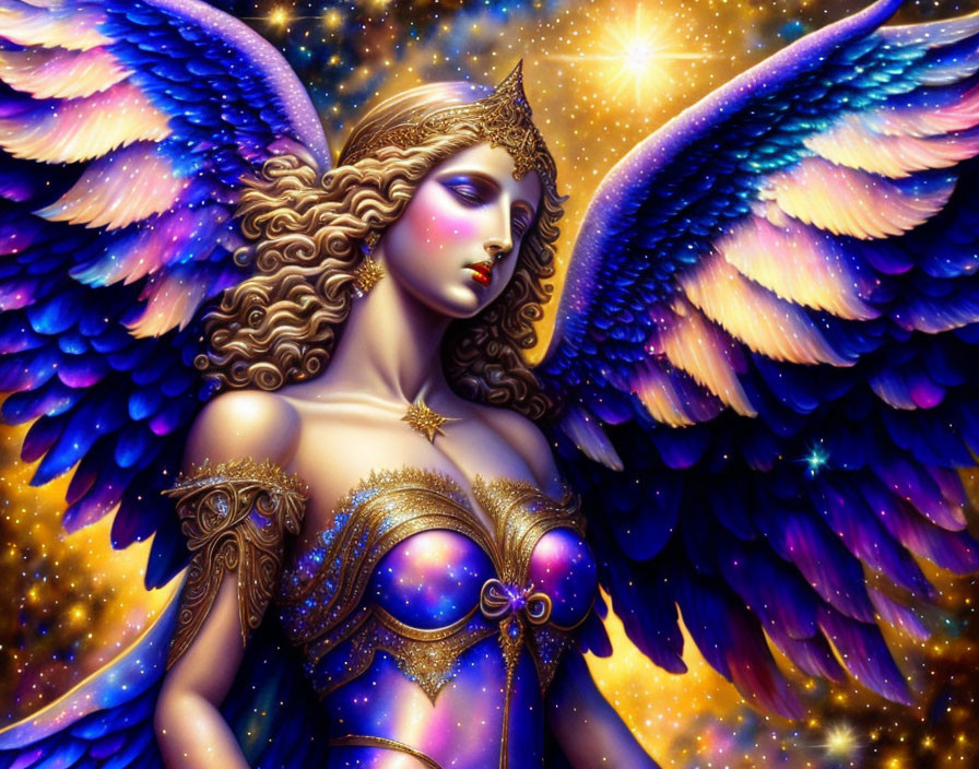 Colorful Winged Angel with Tiara and Armor on Starry Background