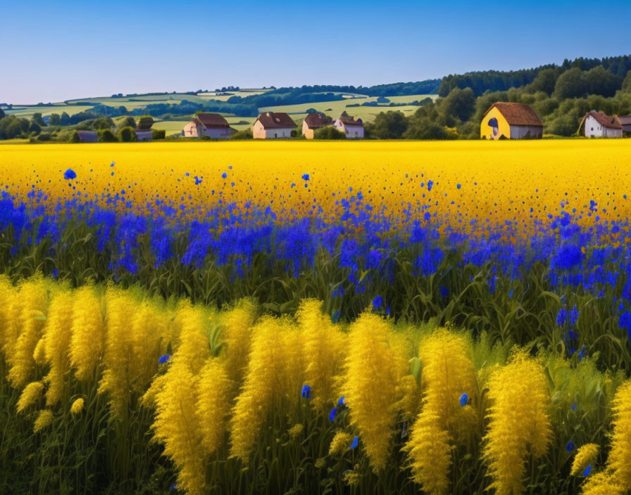 Colorful landscape: yellow fields, blue wildflowers, green trees, houses, clear blue sky