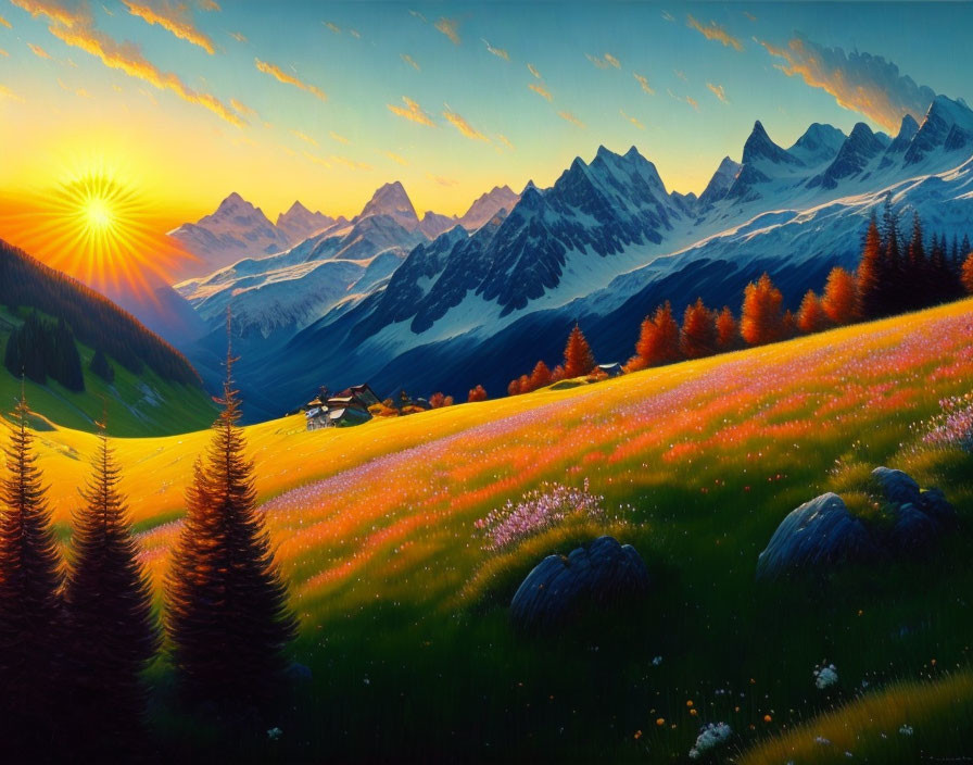 Scenic landscape: setting sun, snowy mountains, colorful flowers, cabin, pine trees