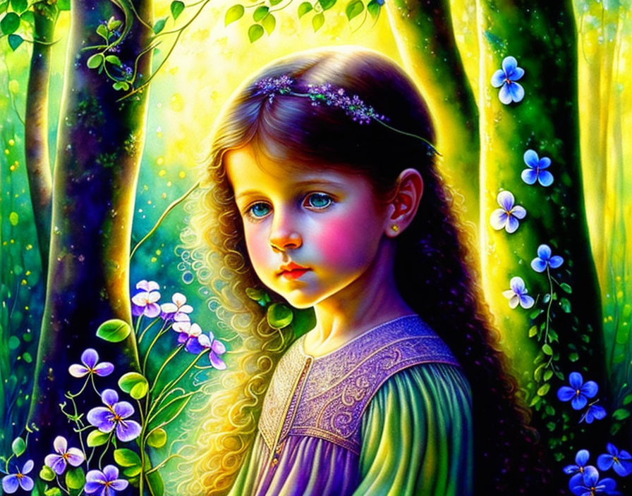 Illustration: Young girl with wavy hair and blue eyes in green dress among glowing flowers and forest