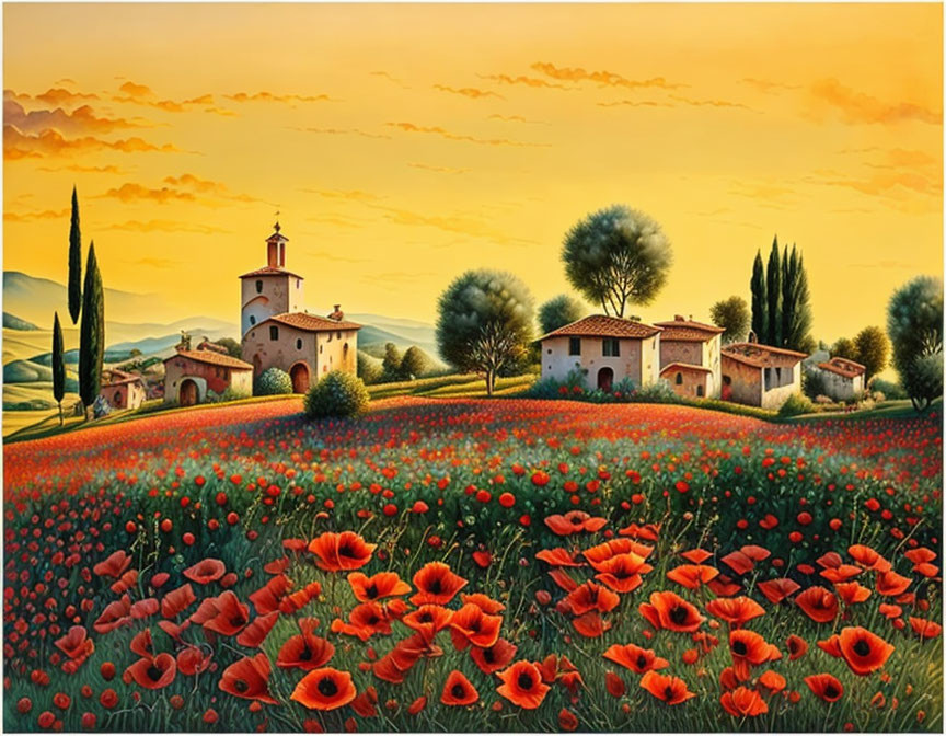 Scenic sunset landscape with poppy fields, village, and church