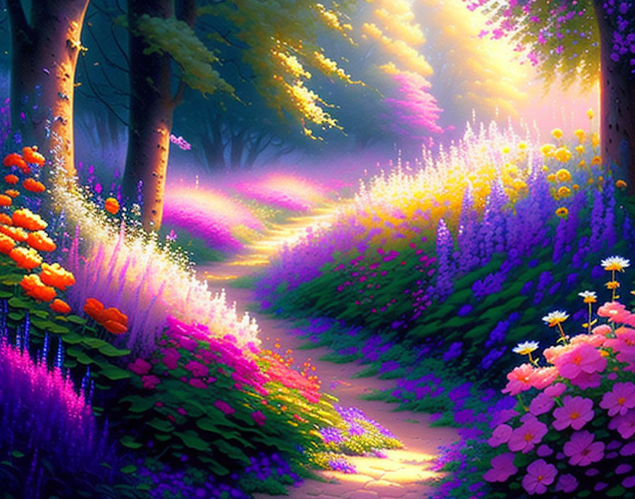 Colorful Flowers and Soft Light in Vibrant Forest Path