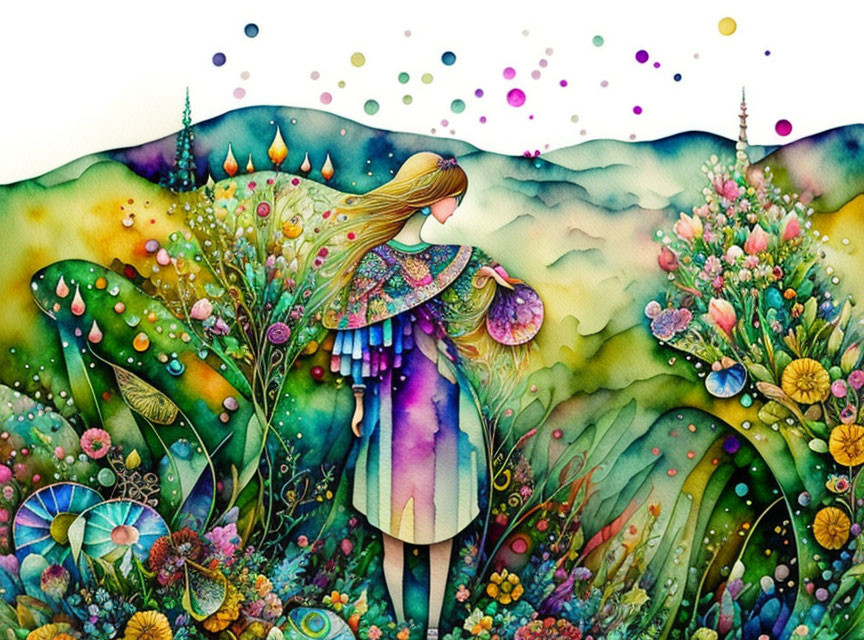 Colorful whimsical illustration: Woman in vibrant fantasy landscape