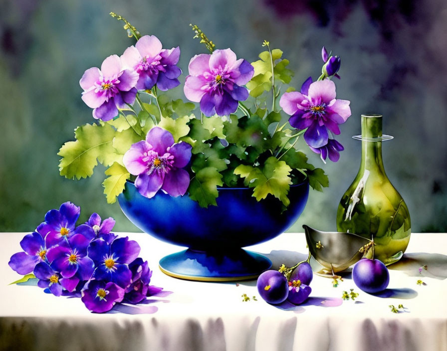 Vibrant purple flowers, plums, and green bottle in still life painting