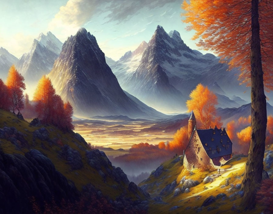 Tranquil Autumn Landscape with Stone House and Snow-Capped Mountains