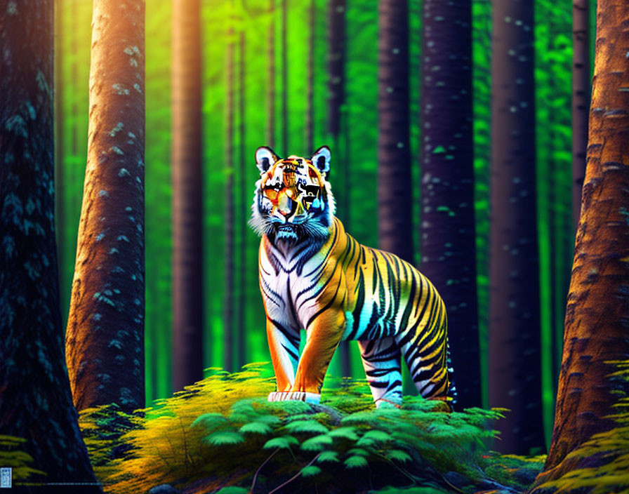 Majestic tiger in dense forest with sunlight beam