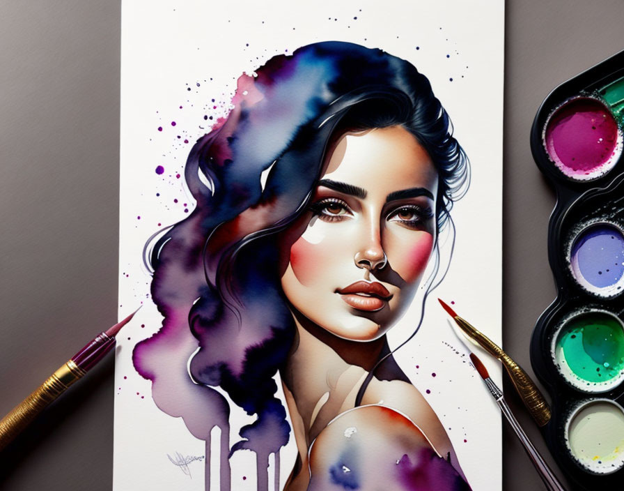 Colorful Watercolor Painting of Woman with Flowing Hair and Ink Splashes