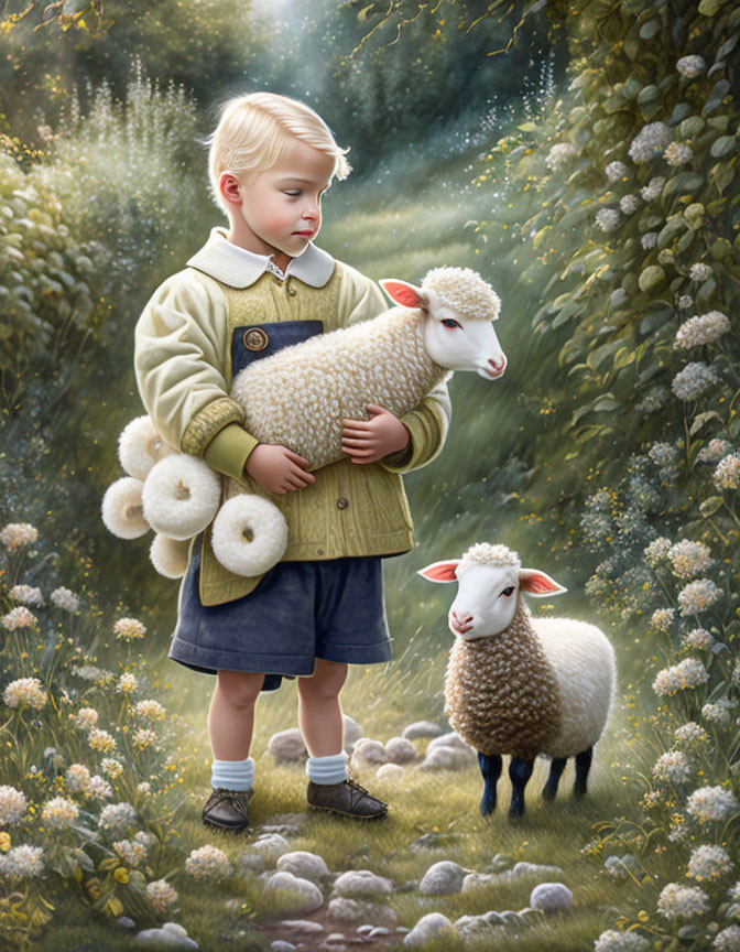 Child in vintage attire with lamb in meadow, forest backdrop.