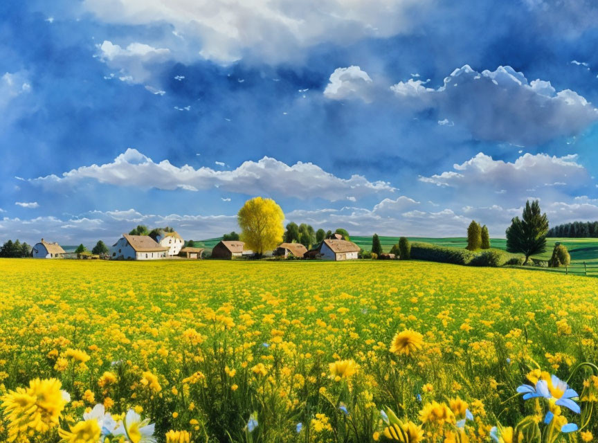 Scenic countryside landscape with yellow flower field, houses, green trees, and blue sky.