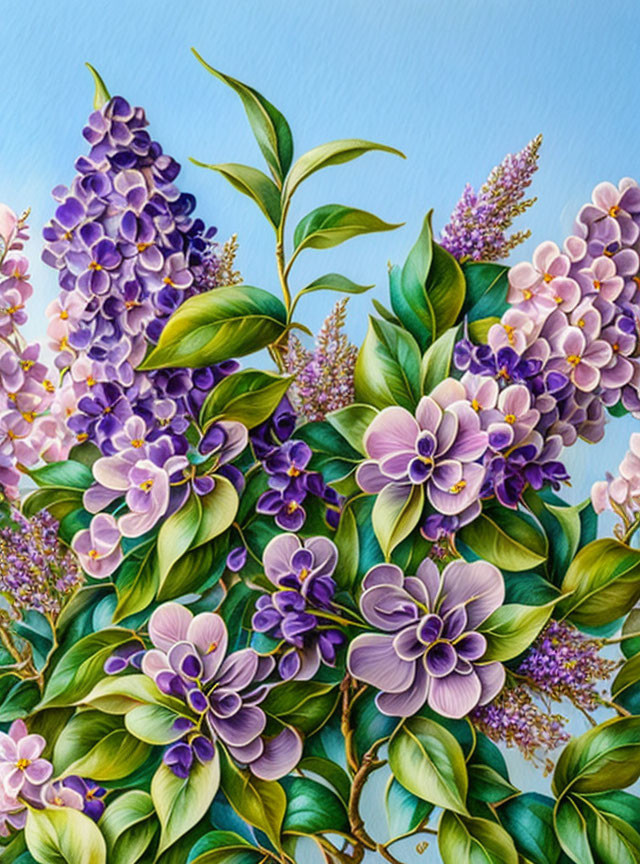 Purple lilac blossoms and green leaves on soft blue background.