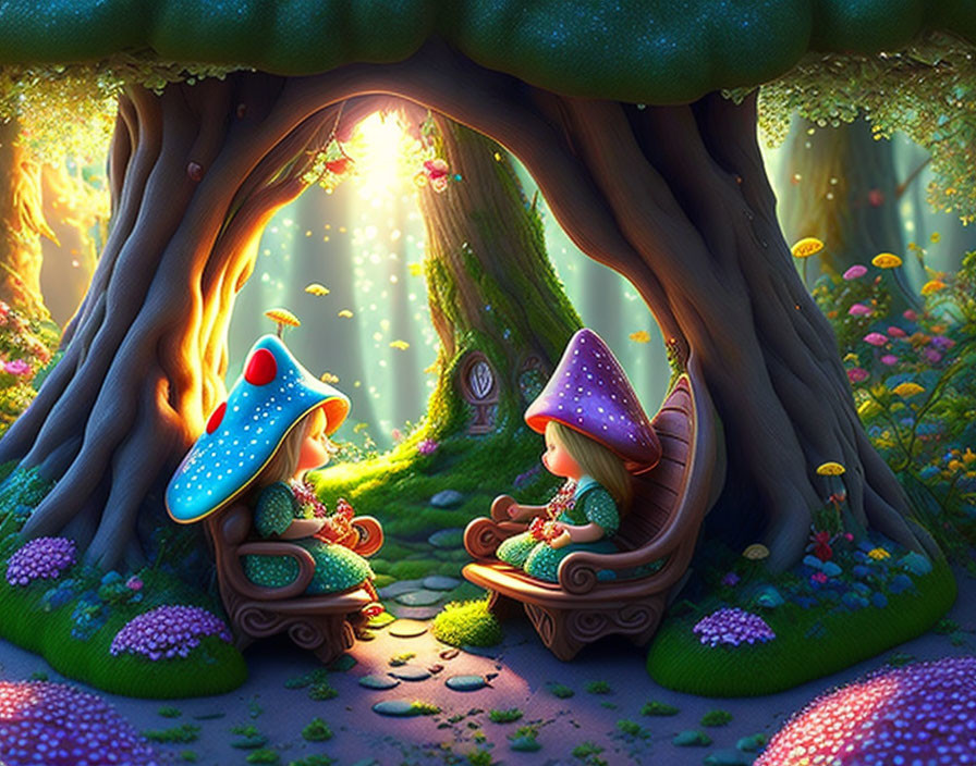 Whimsical creatures with mushroom caps under giant tree in forest landscape