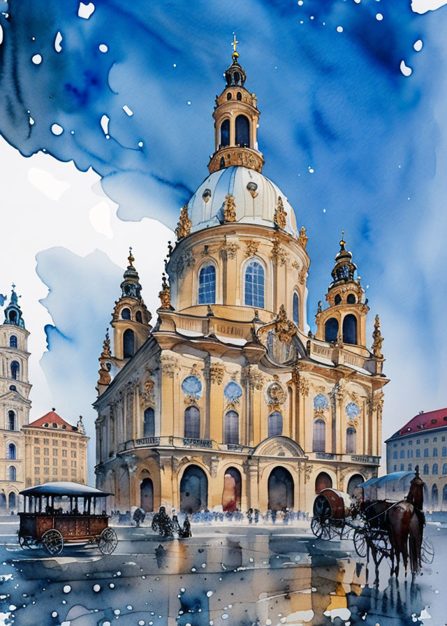 Baroque-style church with horse-drawn carriages in watercolor