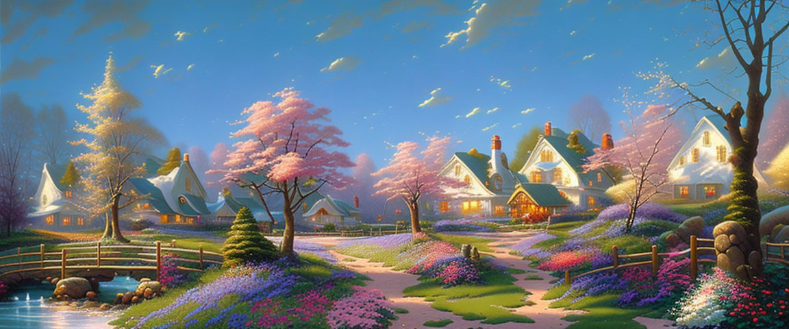 Scenic village with thatched-roof cottages, cherry trees, river, and flowers