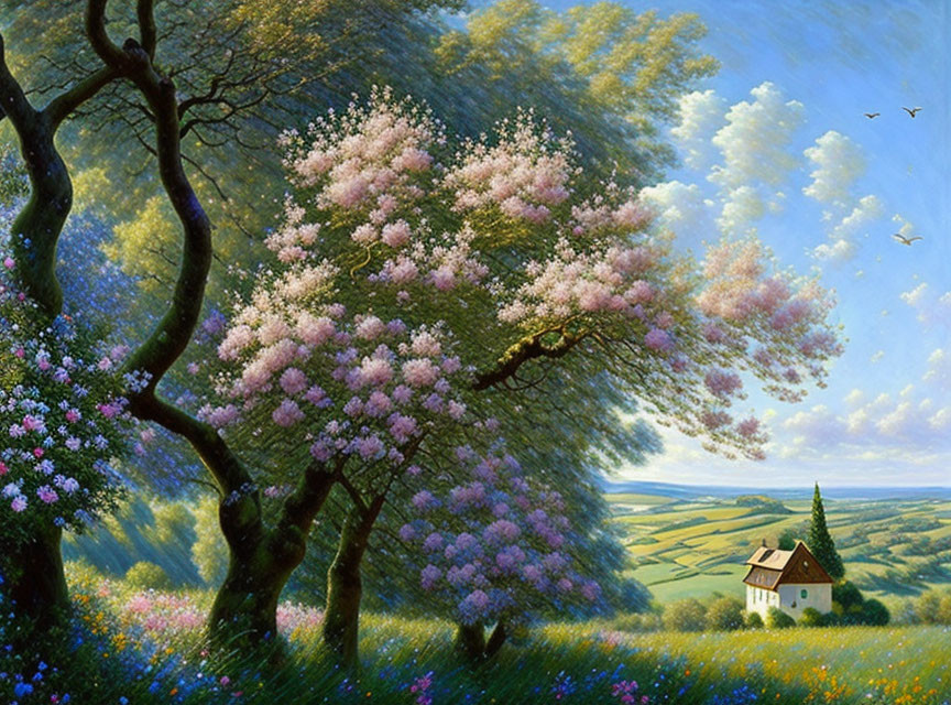 Scenic landscape with blooming trees, quaint house, green fields, and birds