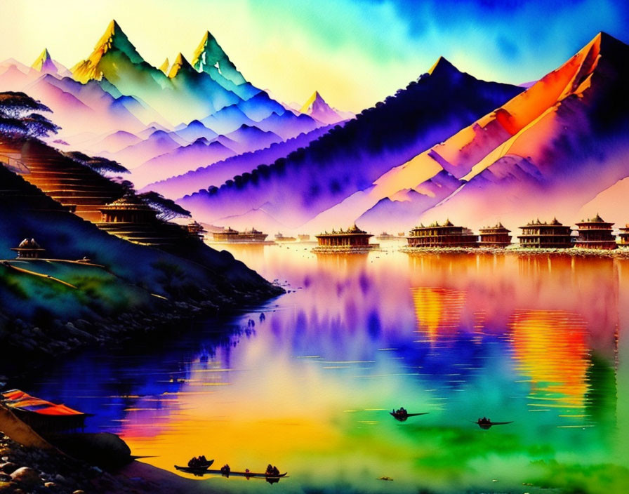 Colorful Mountain Landscape Painting with Traditional Buildings, Lake Reflection, Boats, and Vivid Sky