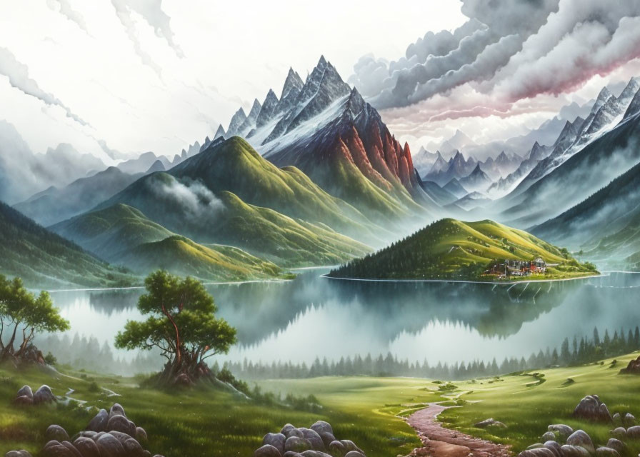 Tranquil lake scene with mountains, village, tree, hills, and cloudy sky