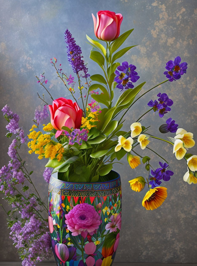 Colorful Bouquet with Pink Rose and Purple Lupine in Patterned Vase