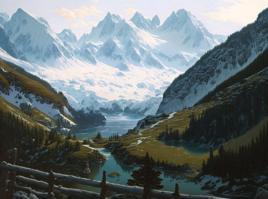 Snow-covered mountains and tranquil valley with river and meadows.