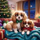 Three puppies on a festive couch with Christmas tree and decorations.