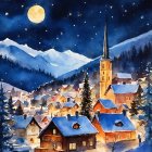 Winter night scene: snow-covered village, illuminated church, full moon.