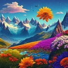 Colorful flowers, river, chapel, snowy mountains in fantasy landscape