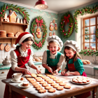 Children decorating cookies in festive Christmas kitchen.