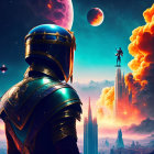 Futuristic knight in ornate armor on vibrant alien landscape