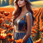 Blonde woman in blue dress stands in sunny flower field