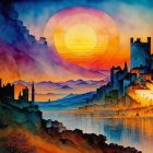 Colorful fantasy landscape with castles, lake, sunset, and dramatic sky