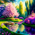 Lush garden with colorful blooms, pond, and willow trees