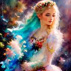 Colorful painting of a woman with floral crown in dreamlike setting