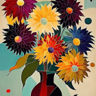 Colorful floral arrangement in two-tone vase against abstract backdrop.