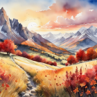 Colorful Watercolor Landscape with Rolling Hills and Autumn Trees