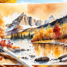 Colorful autumn landscape painting with cozy cottage, river, and trees.