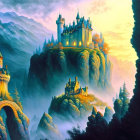 Majestic castle on misty cliff at sunrise or sunset