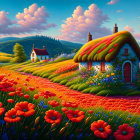 Colorful painting of quaint cottage in a field of red poppies under bright sky