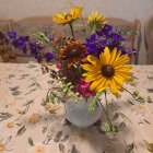 Assorted flowers bouquet in glass vase with scattered petals and candle holder